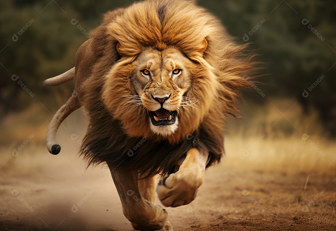 Lindo leão correndo na savana