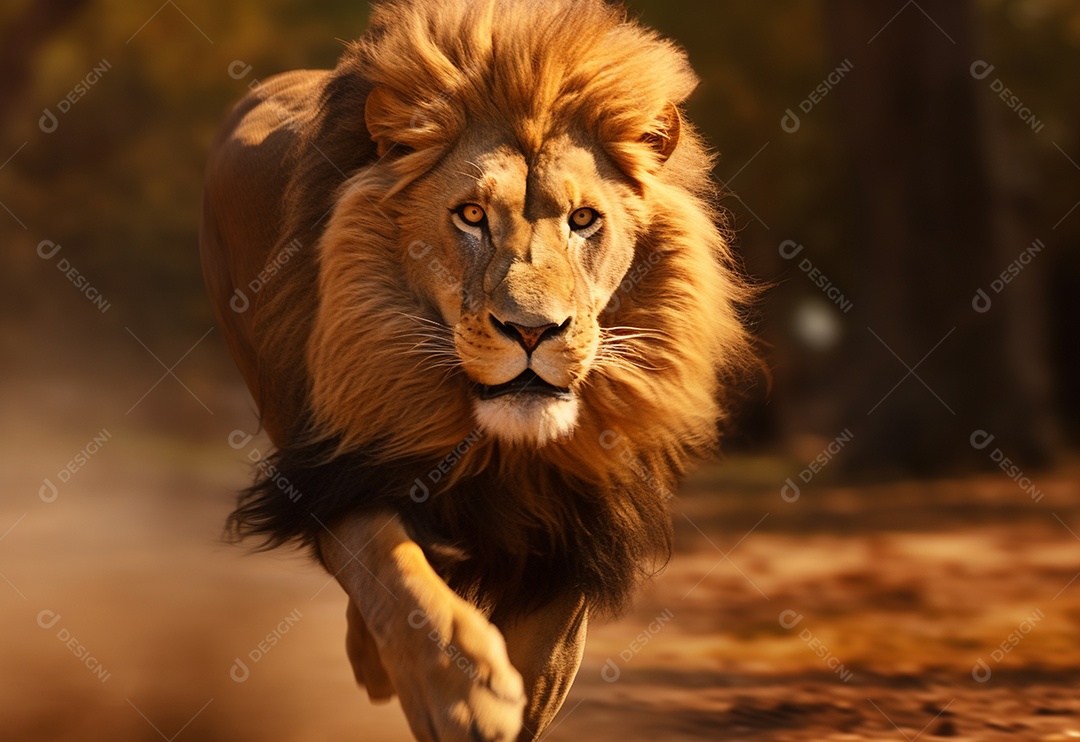 Lindo leão correndo na savana