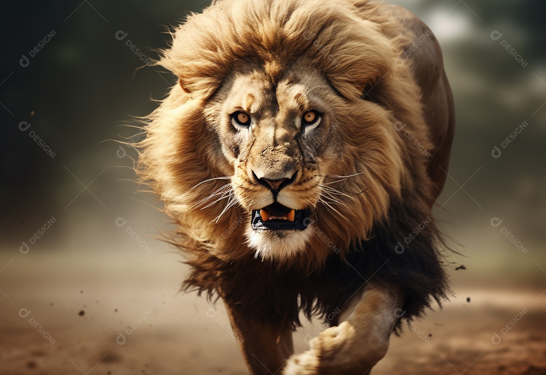 Lindo leão correndo na savana