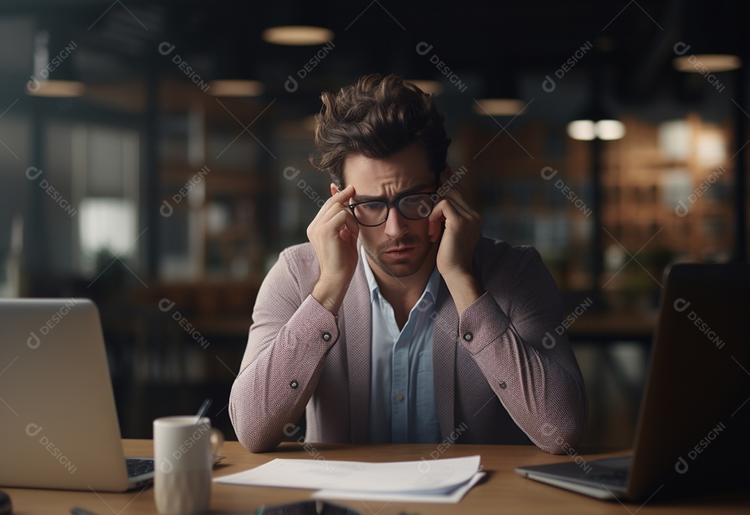 Retrato de jovem frustrado no local de trabalho
