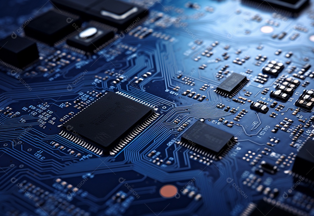Cenário de placa de circuito impresso em fundo azul