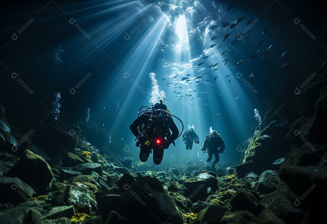 Mergulhador de águas profundas nadando em uma cobertura oceânica profunda