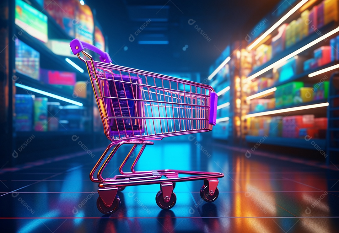 Carrinho de compras com neon colorido