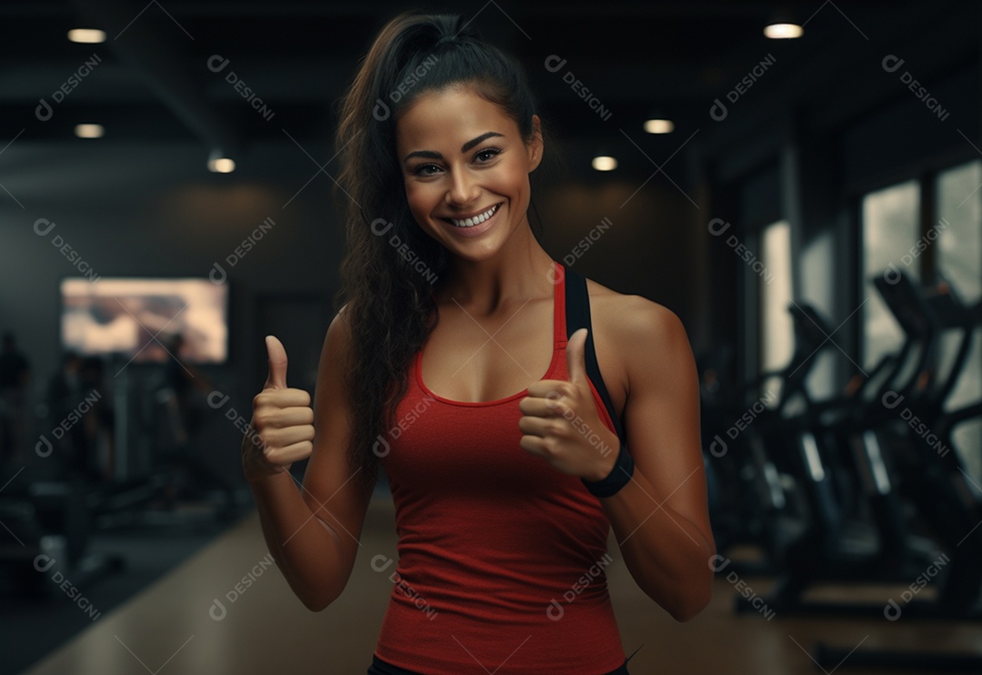 Mulher sorridente fitness e polegares para cima para o trabalho de saúde