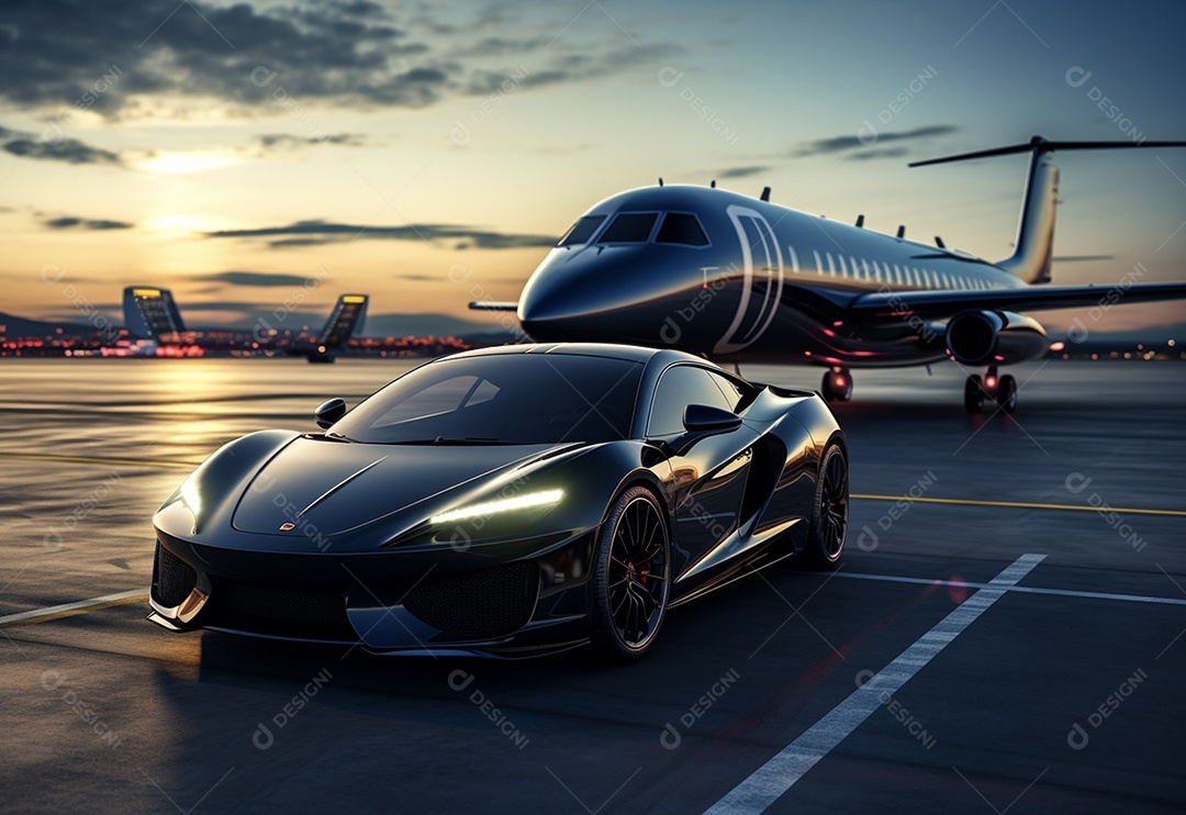 Super carro e jato particular na pista de pouso