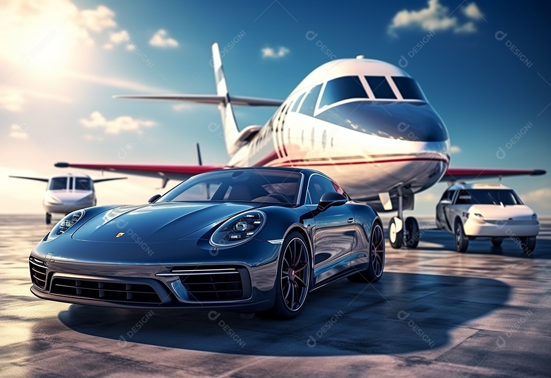 Super carro e jato particular na pista de pouso