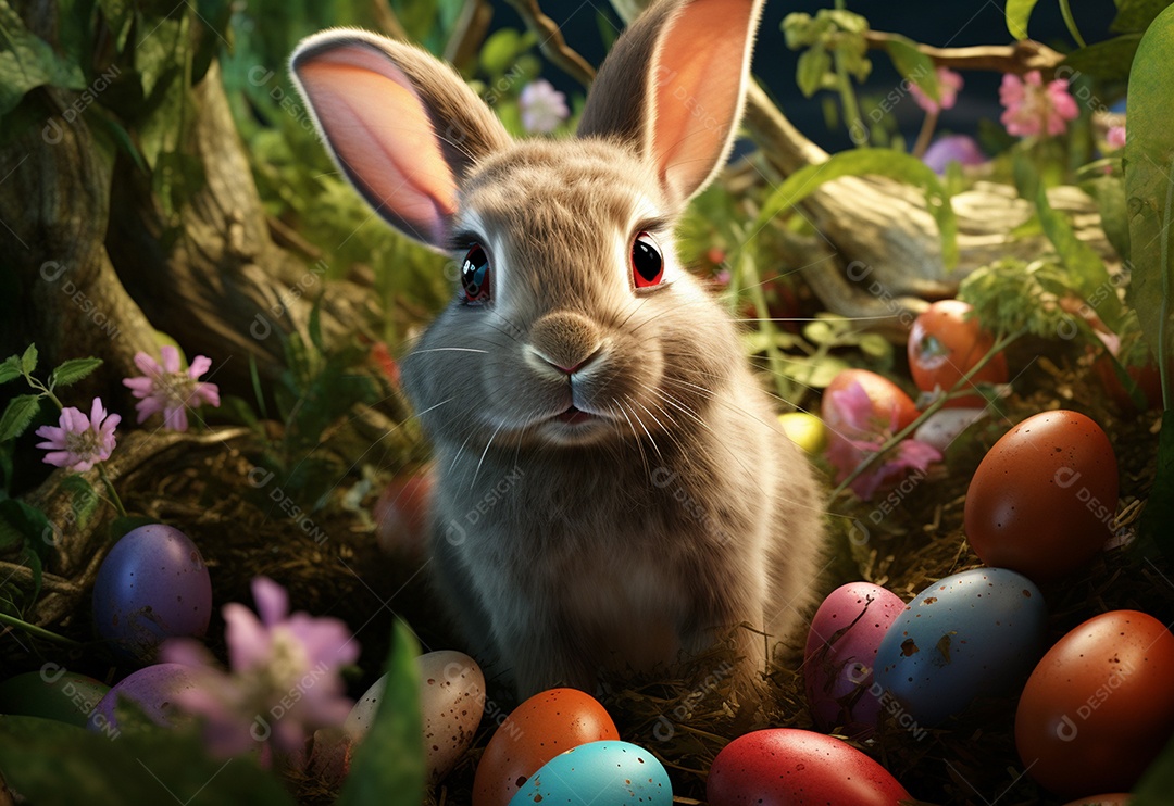 Coelho de páscoa sobre ovos coloridos