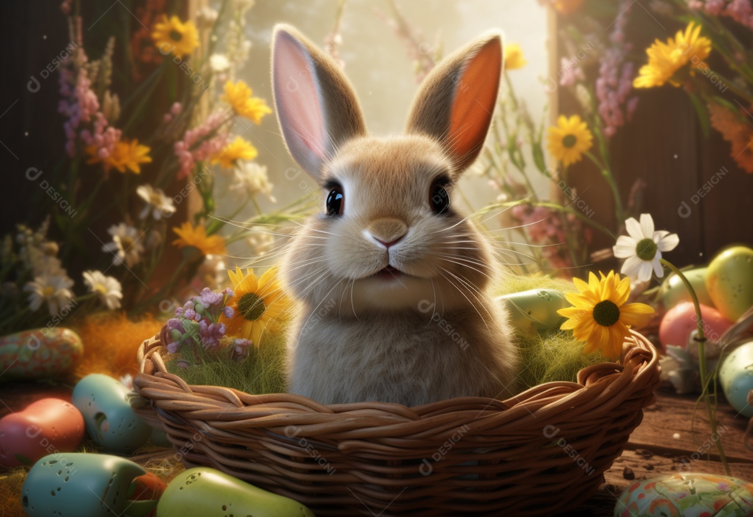 Coelho de páscoa sobre ovos coloridos