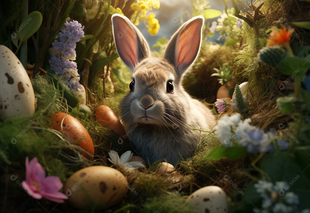 Coelho de páscoa sobre ovos coloridos