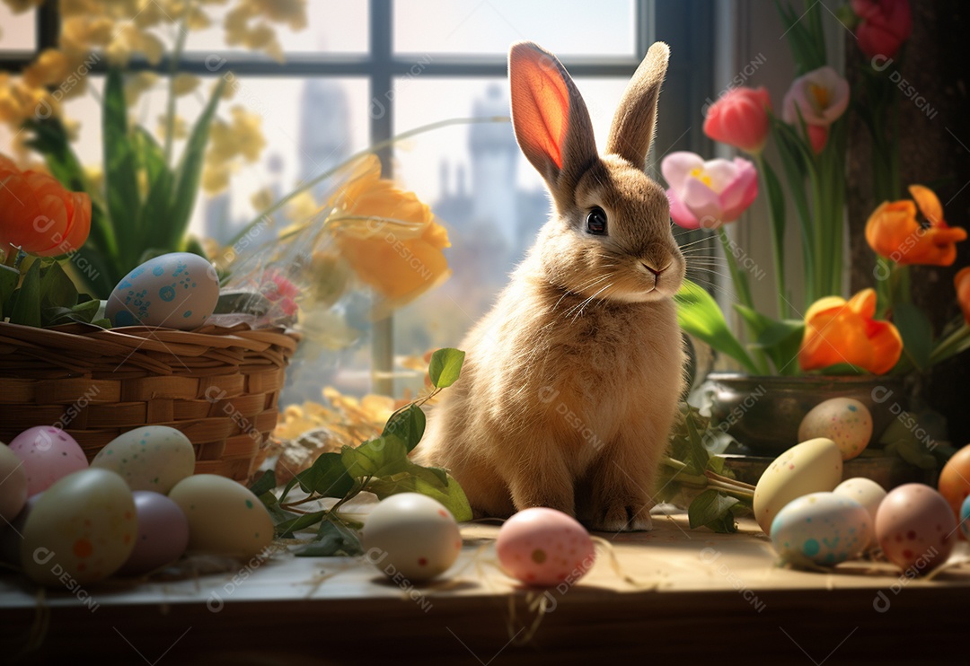 Coelho de páscoa sobre ovos coloridos