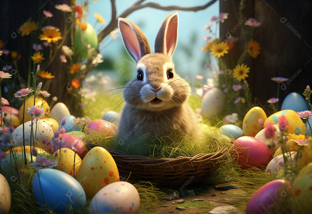 Coelho de páscoa sobre ovos coloridos