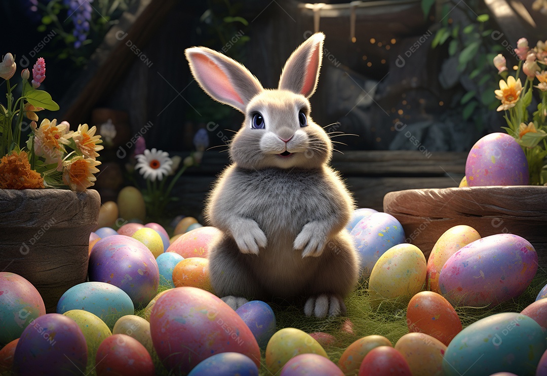 Coelho de páscoa sobre ovos coloridos