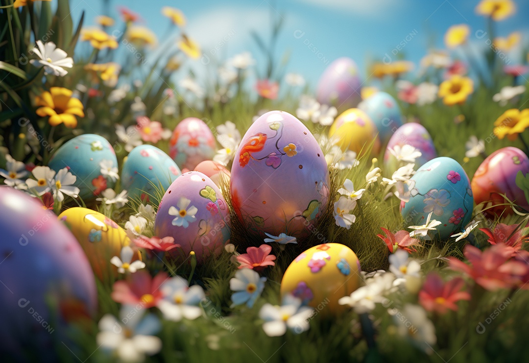 Coelho de páscoa sobre ovos coloridos