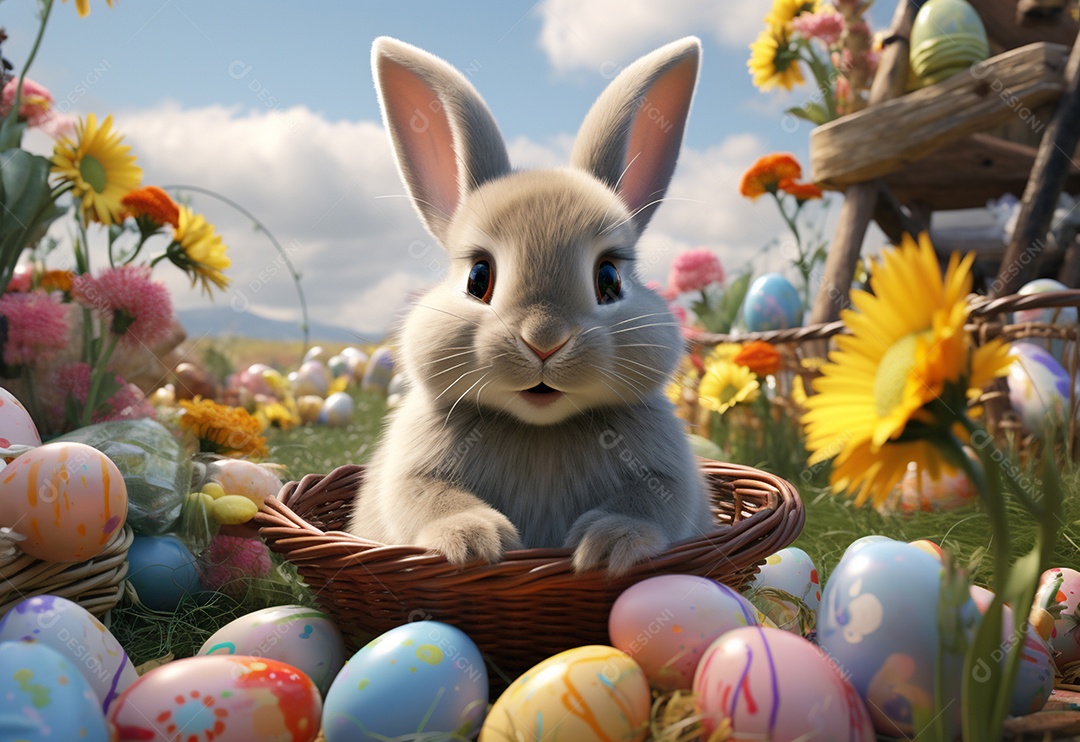Coelho de páscoa sobre ovos coloridos