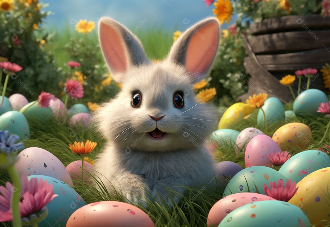 Coelho de páscoa sobre ovos coloridos
