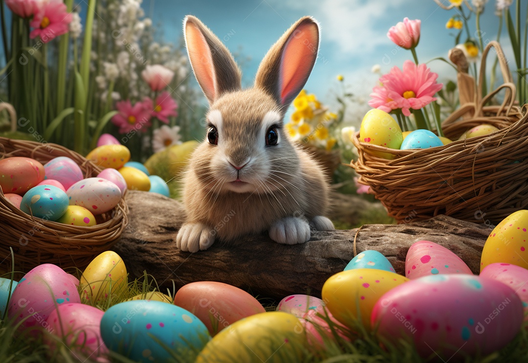 Coelho de páscoa sobre ovos coloridos