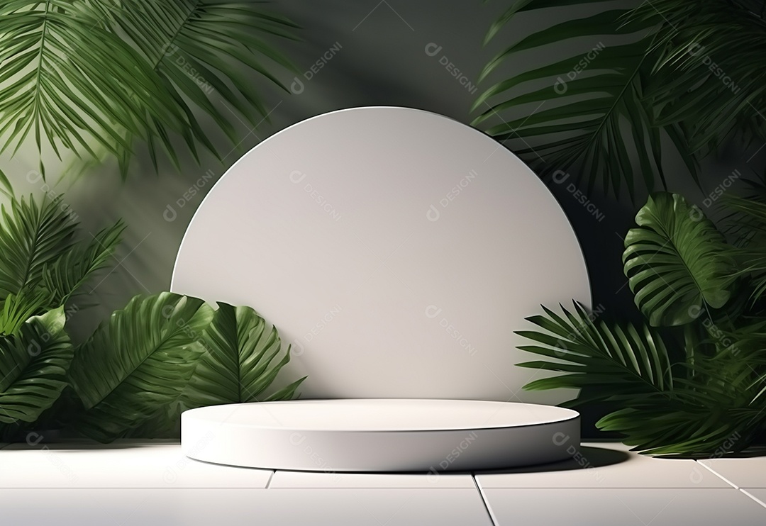 Podium sobre fundo de folhas verde