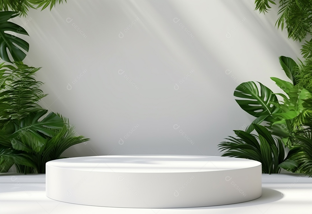 Podium sobre fundo de folhas verde