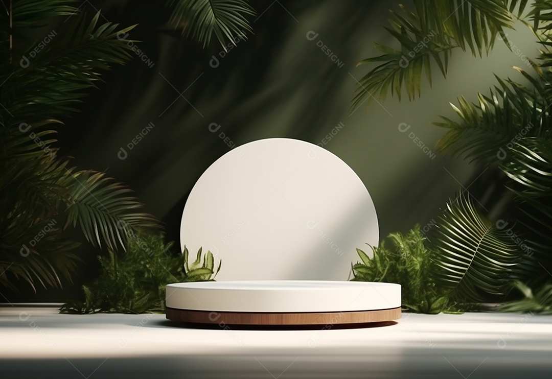Podium sobre fundo de folhas verde