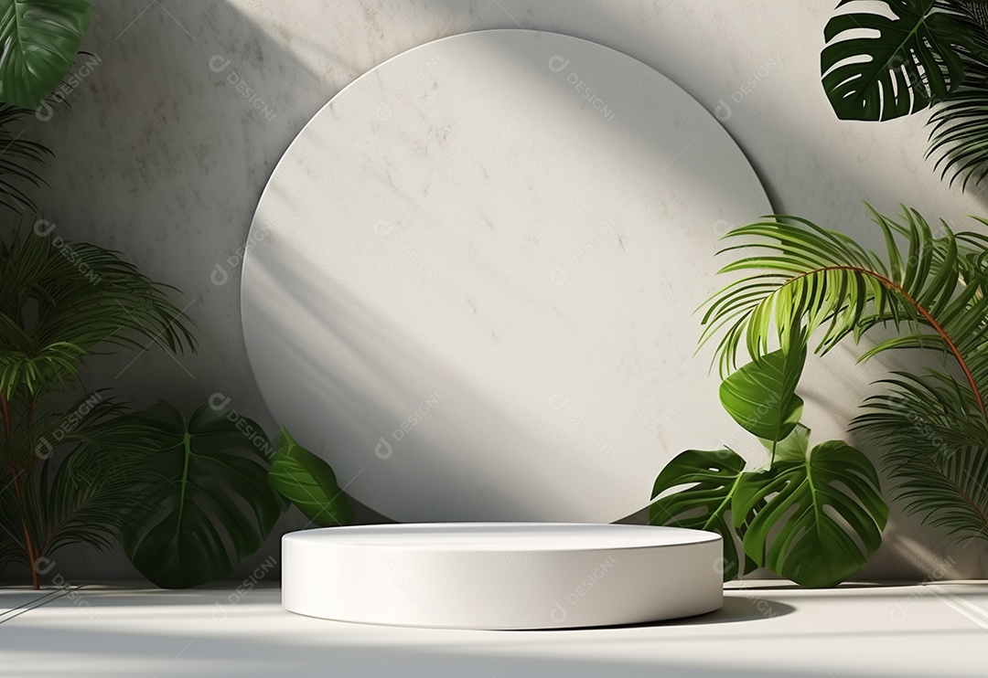 Podium sobre fundo de folhas verde