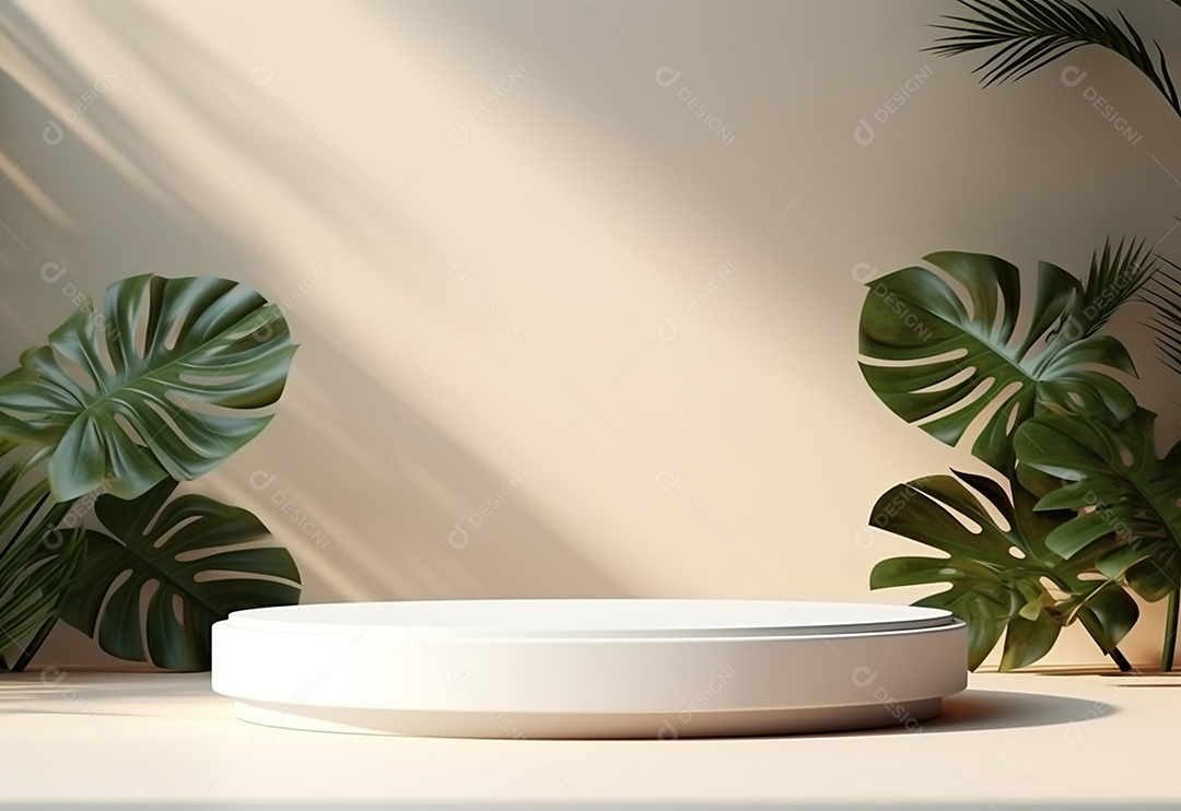 Podium sobre fundo de folhas verde