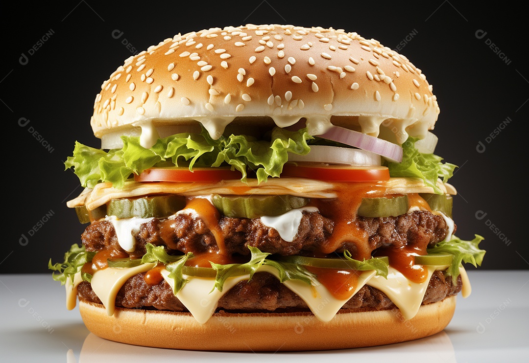 Hamburguer lanche delicioso caseiro hamburgueria salada pão queijo lanchonete lanche sanduíche fundo isolado inteligência artificial IA imagem JPG