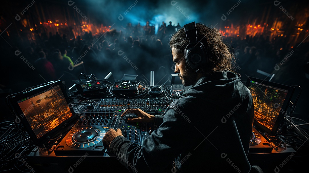 O DJ no centro da boate comanda o deck