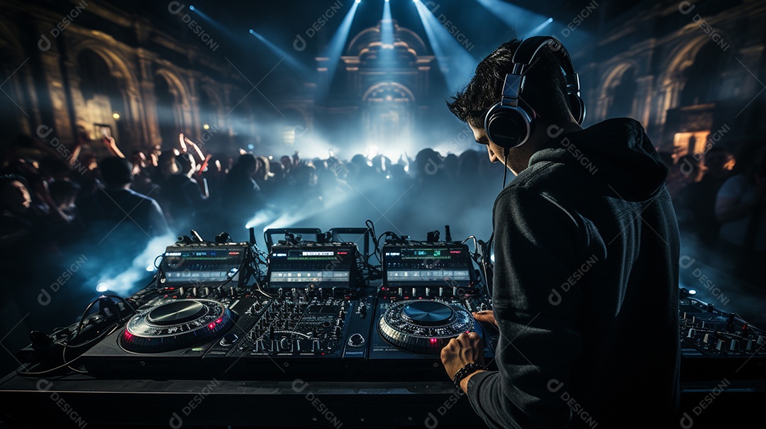 O DJ no centro da boate comanda o deck