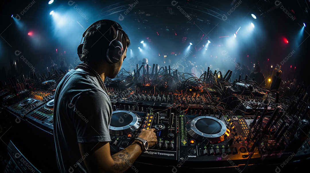 O DJ no centro da boate comanda o deck