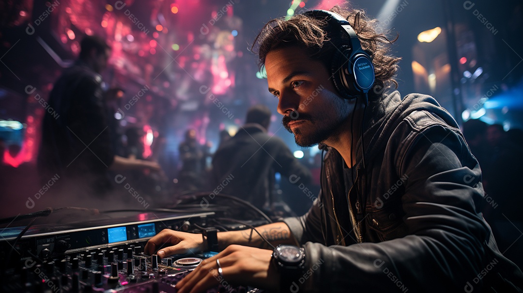 O DJ no centro da boate comanda o deck