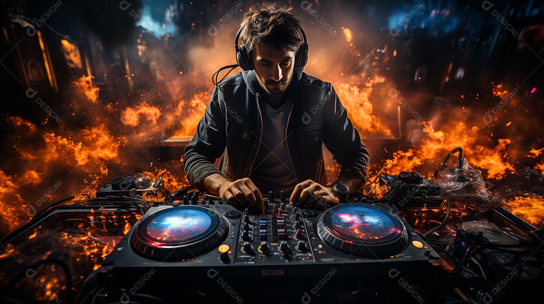 O DJ no centro da boate comanda o deck