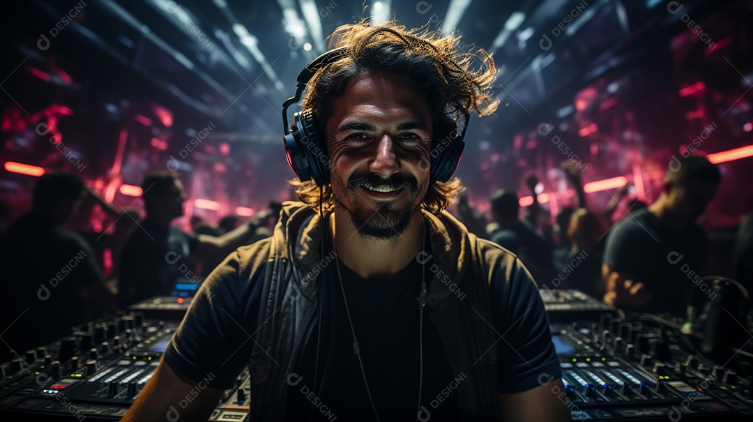 O DJ no centro da boate comanda o deck