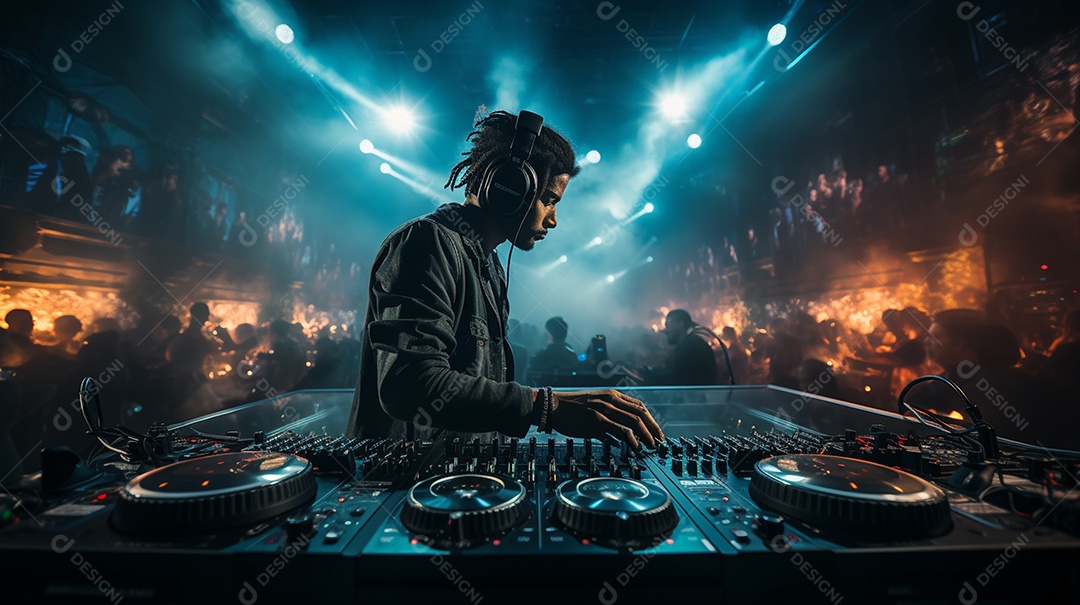 O DJ no centro da boate comanda o deck