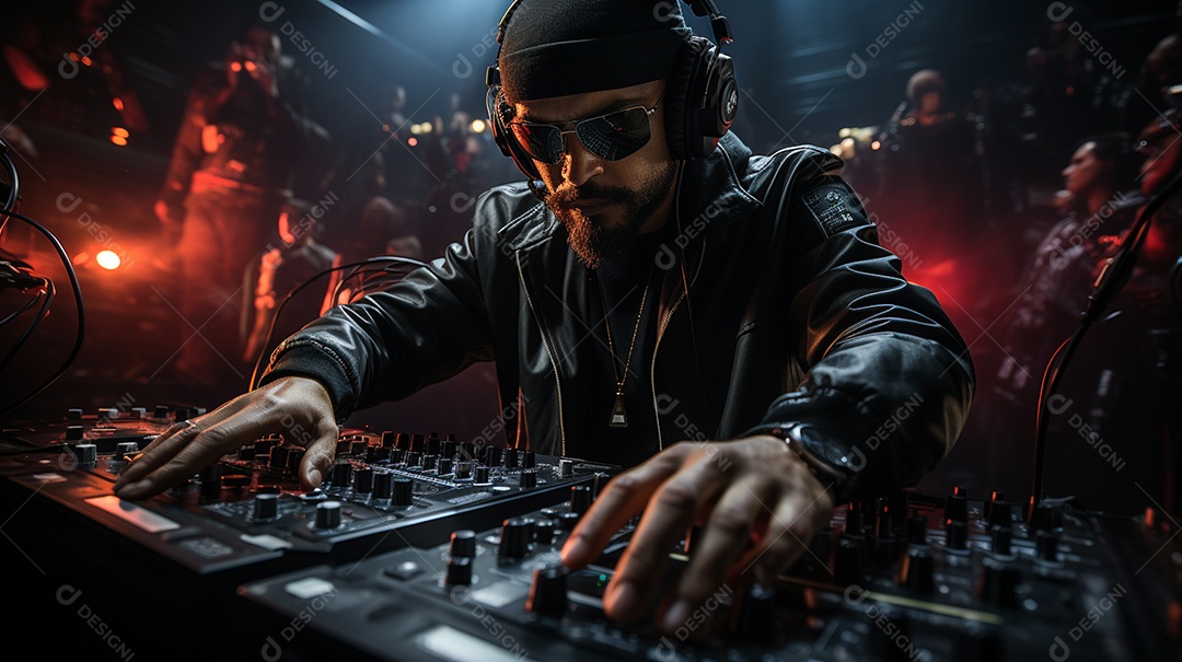 O DJ no centro da boate comanda o deck