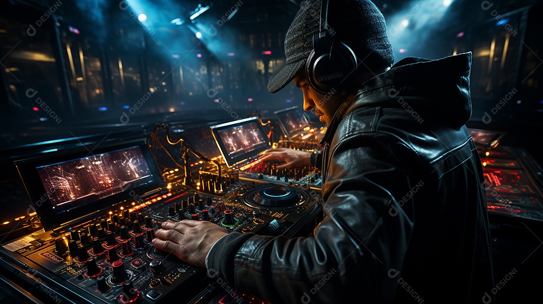 O DJ no centro da boate comanda o deck