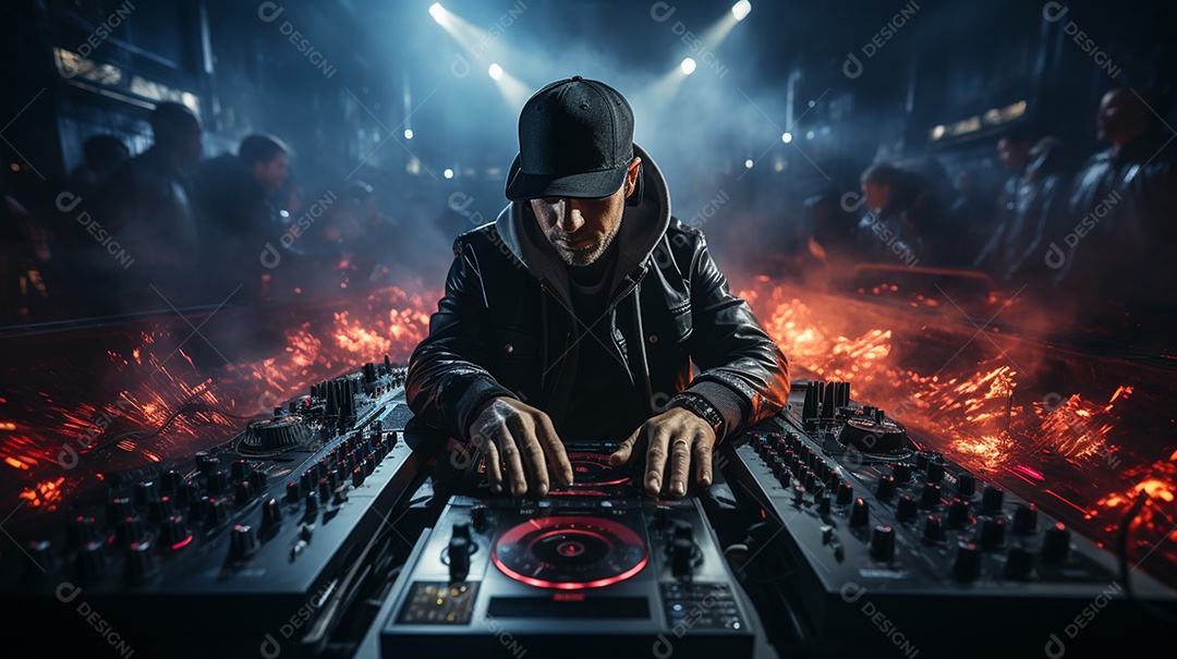 O DJ no centro da boate comanda o deck