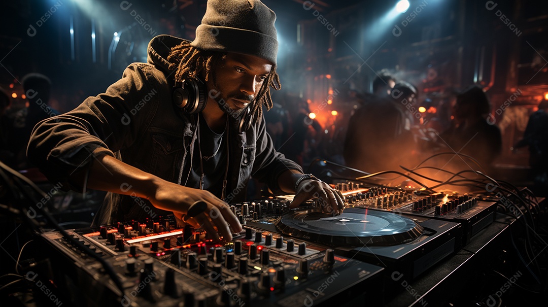 O DJ no centro da boate comanda o deck