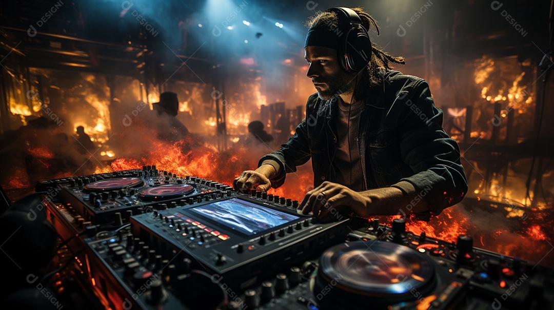 O DJ no centro da boate comanda o deck