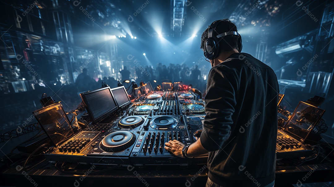 O DJ no centro da boate comanda o deck