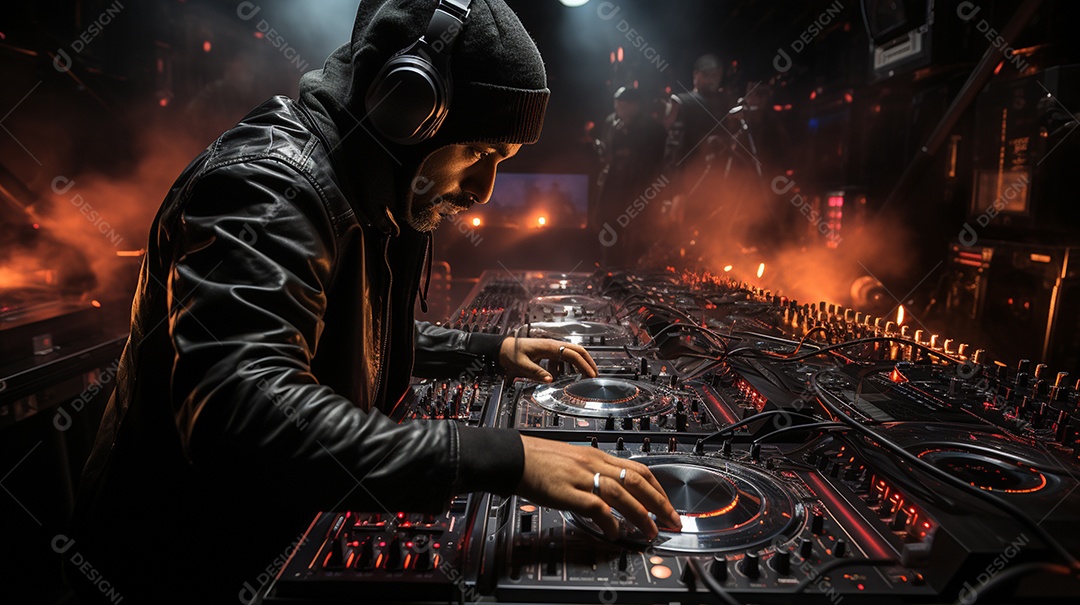 O DJ no centro da boate comanda o deck
