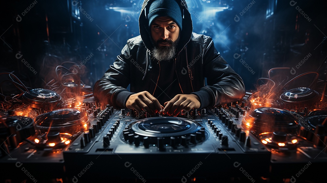 O DJ no centro da boate comanda o deck