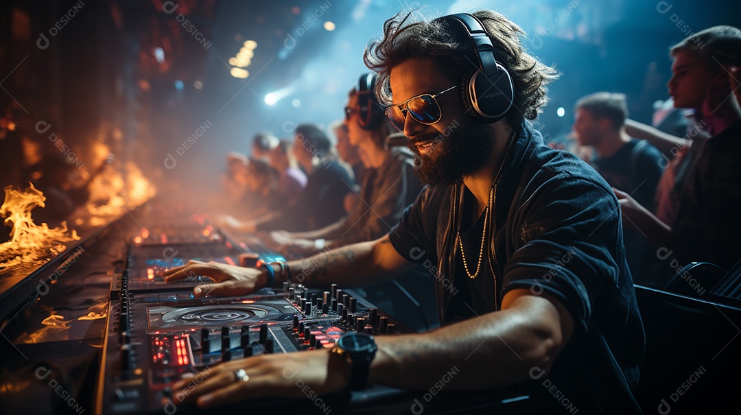 O DJ no centro da boate comanda o deck