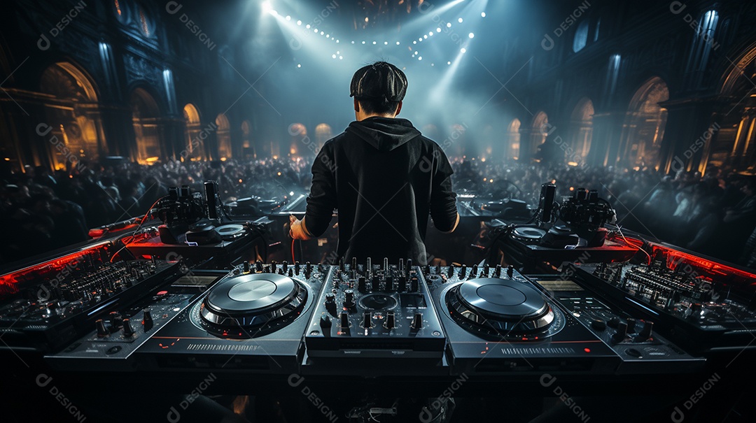 O DJ no centro da boate comanda o deck