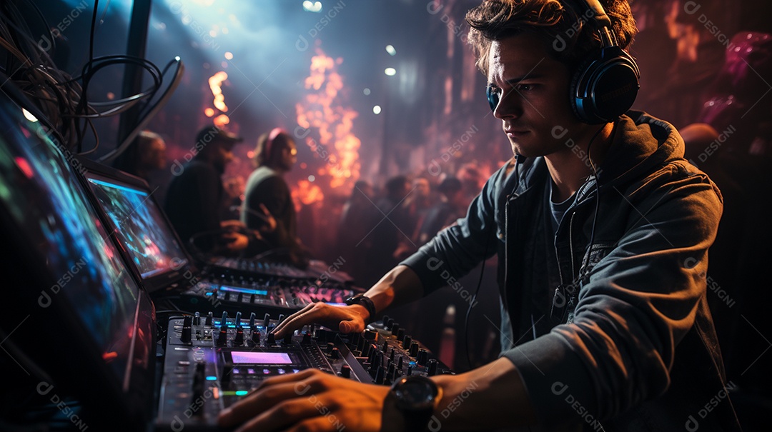 O DJ no centro da boate comanda o deck