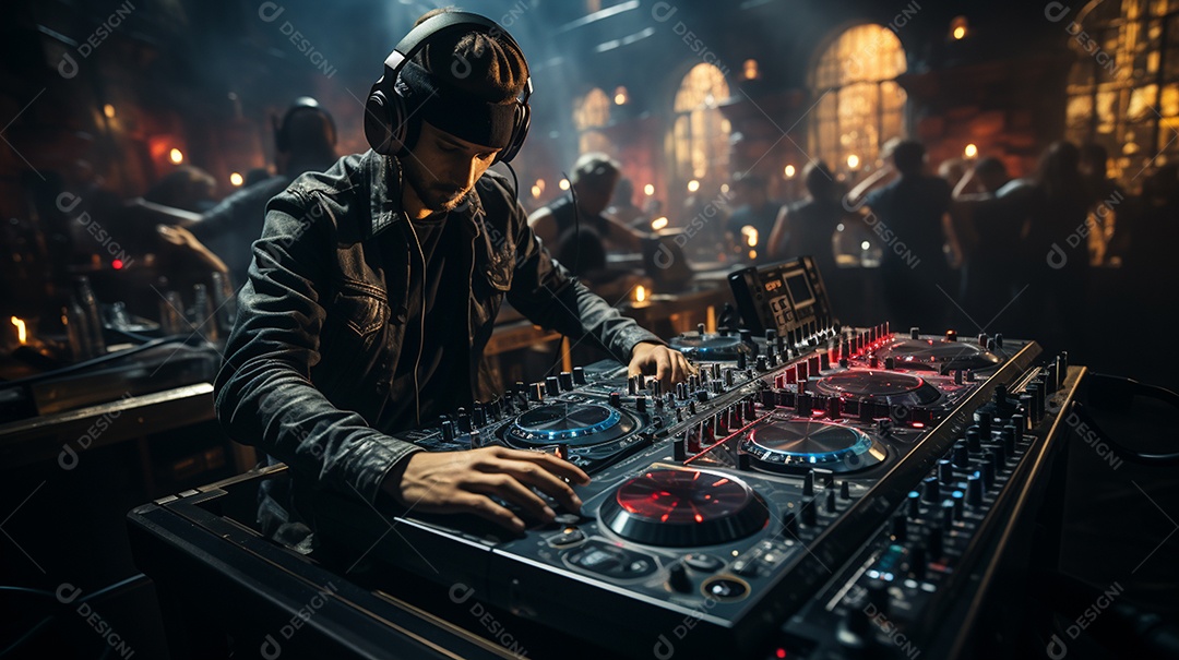 O DJ no centro da boate comanda o deck