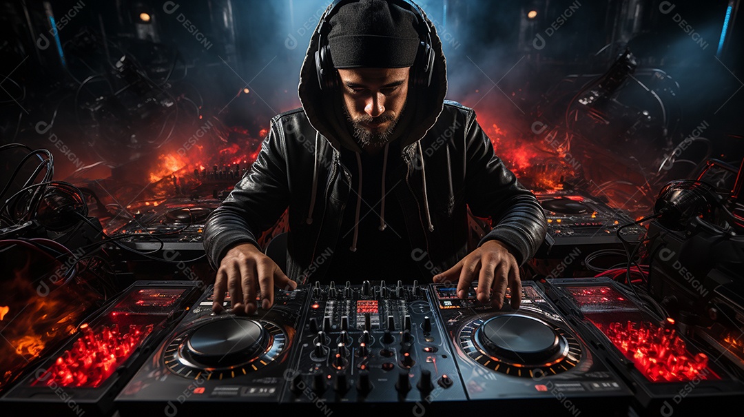 O DJ no centro da boate comanda o deck