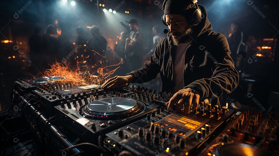 O DJ no centro da boate comanda o deck