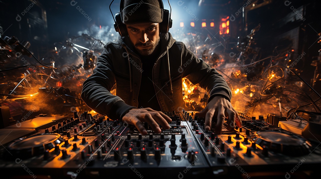 O DJ no centro da boate comanda o deck