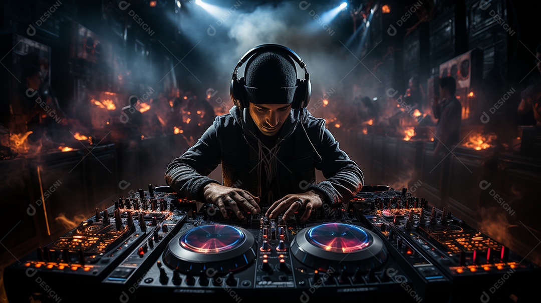 O DJ no centro da boate comanda o deck
