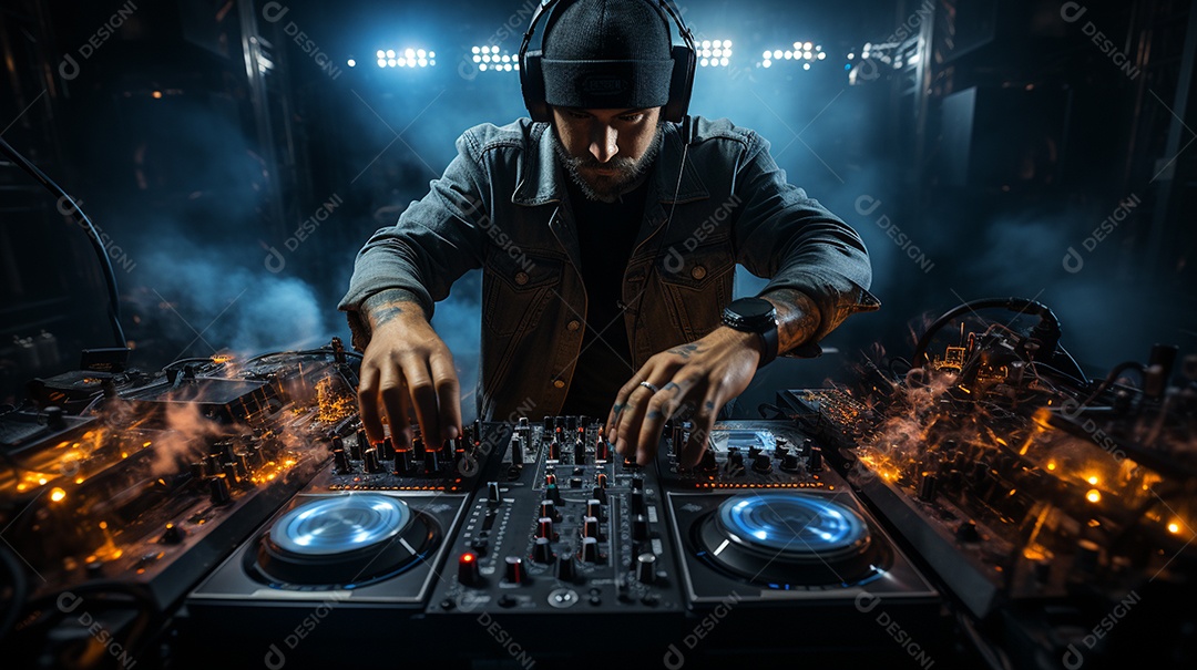 O DJ no centro da boate comanda o deck